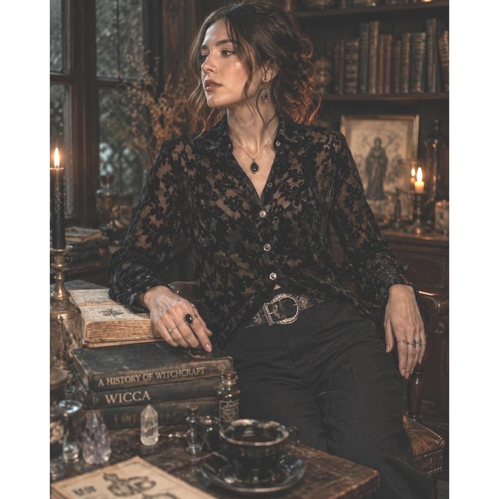Sheer Burnout Velvet Top Black Gothic Witchy Romantic Victorian Petite L